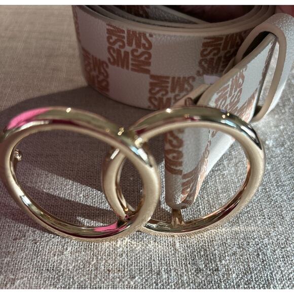 Steve Madden Logo Belt Double Ring Buckle Creme Tan Gold Faux Leather LARGE - Picture 4 of 8